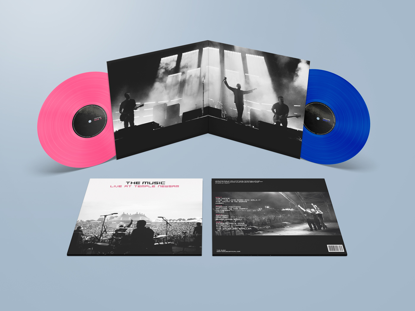 The Music — Live at Temple Newsam double vinyl release, pink and blue records with gatefold sleeve