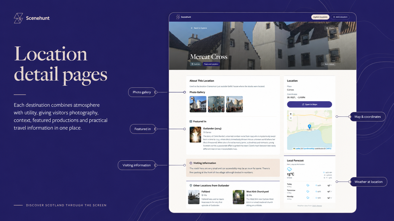 Scenehunt — location detail page interface showing photography, productions and map