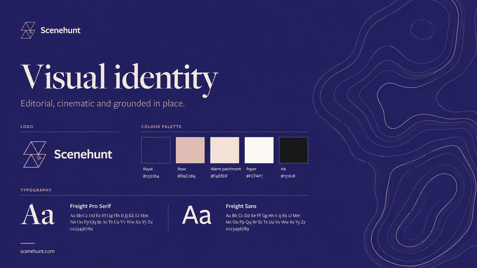 Scenehunt — visual identity system, colour palette and typography